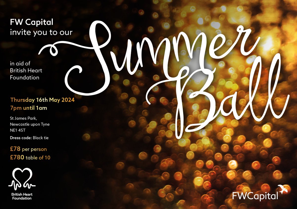 🎉 You're cordially invited to the Summer Charity Ball, supporting the British Heart Foundation. 📅 May 16 2024 📍 St James Park, Newcastle upon Tyne ⏰ 7pm – Late Secure your spot and get your tickets by emailing us at info@fwcapial.co.uk #FWCapital4BHF @TheBHF