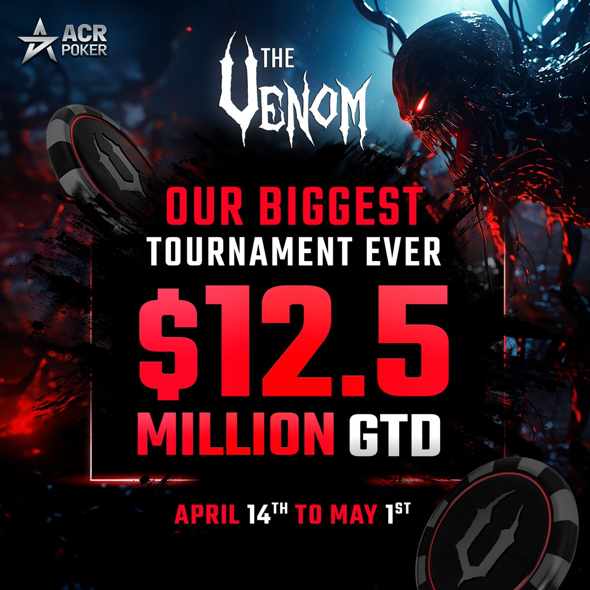 SORTEOoOo 👉 5 🎟️ de US$2.650 para jugar #TheVenom con US$12.5 millones GTD ¿Cuándo? El Día 1A - Domingo 14/04 😎👉 acrpoker.eu/es/promotions/… Para participar cuéntanos ¿por qué te gustaría jugar The Venom? Dale ❤️🔄 + Nick Menciona 2 amigos 🗓️ Sorteo: 12/04