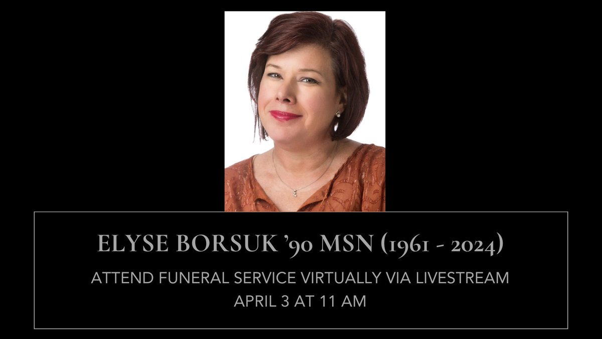 The YSN community gathers at 11 am today in person & online to honor Pediatrics faculty member Elyse Borsuk ’90 MSN, who died suddenly on 3/31. Prof. Borsuk will be greatly missed by her patients, students, and colleagues. Attend the service virtually: ow.ly/2qWK50R7tWy