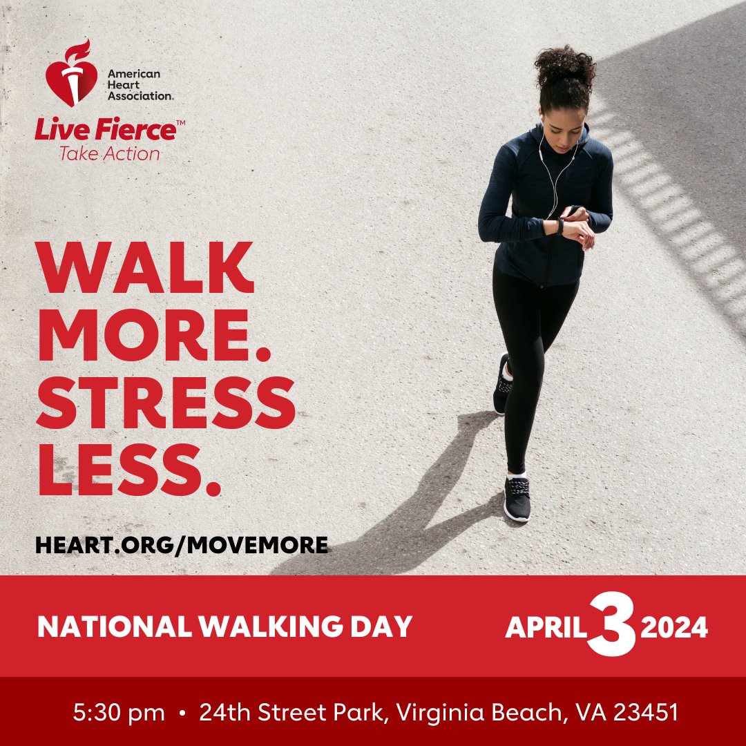 Happy National Walking Day! Did you know the American Heart Association established National Walking Day to encourage people to move more throughout their day? Join us today in Virginia Beach or wherever you are to get those steps in! 👟 ♥️ #NationalWalkingDay #AmericanHeartVA