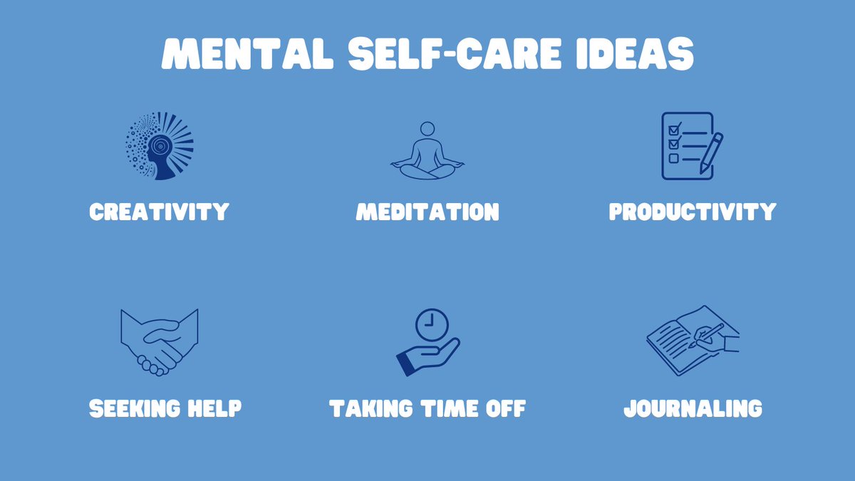 This #WellbeingWednesday we're sharing some mental self-care ideas: 💙Creativity 💙Meditation 💙Productivity 💙Journaling 💙Seeking Help 💙Taking Time Off Mental #SelfCare is crucial to maintaining our overall wellbeing, reducing stress and anxiety, and boosting our mood.