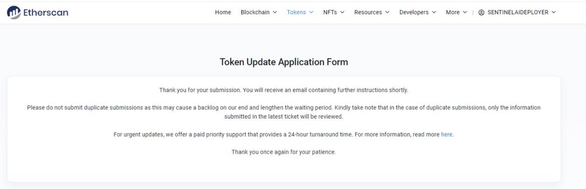 $SENAI has submitted Token Update Application Form for etherscan

#SentinelAI #SENAI $SENAI #Audit #ETH #ERC20