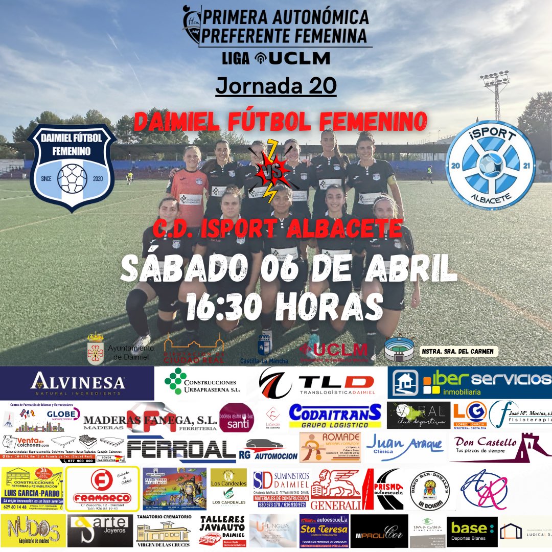 🔜 𝙋𝙍𝙊́𝙓𝙄𝙈𝙊 𝙋𝘼𝙍𝙏𝙄𝘿𝙊 | 𝙅. 𝟮𝟬

 🗓️ Sábado 06/04
 🏆 Liga UCLM 1ª Auto. Pref. Femenina
 🕕 16:30 Horas 
 🏟️ Nstra. Sra. del Carmen
 🆚 C.D. Isport Albacete 

#Daimielfutfem #PreferenteFemenina #Ligauclm #123abocaos #futfem 

🖤🤍💙