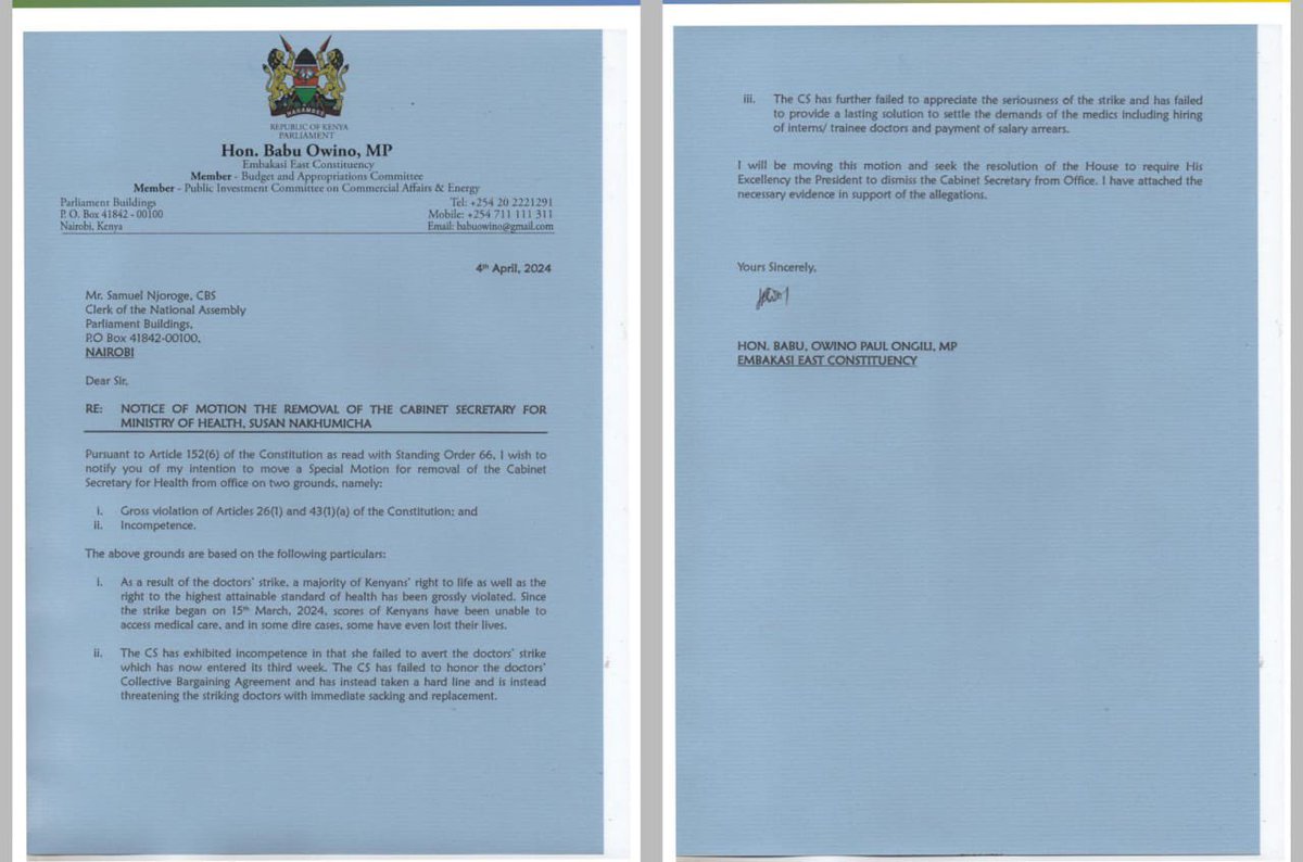 paulinenjoroge's tweet photo. Embakasi East @HEBabuOwino has notified the clerk of the National Assembly of his intention to move a Special Motion for removal of the Cabinet Secretary for Health, Susan Nakhumicha from office on two grounds, namely:
i. Gross violation of Articles 26(1) and 43(1)(a) of the Constitution: 
ii. Incompetence