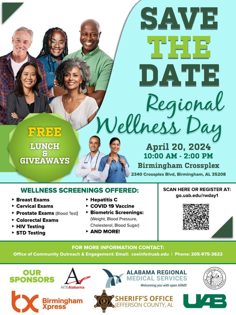Join us for Regional Wellness Day at the Birmingham Crossplex April 20 from 10 a.m. to 2 p.m.! Attendees can receive wellness screenings and a free lunch. To sign up, visit go.uab.edu/rwday1. #cancerawareness #cancerscreening