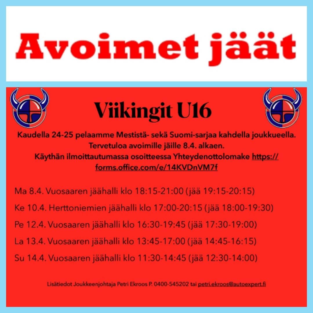 Viikingit U16 avoimet jäät

Vuosaari
Ma. 8.4.2024 klo. 18:15-21:00
Pe. 12.4.2024 klo. 17:30-19:45
La. 13.4.2024 klo. 13:45-17:00
Su. 14.4.2024 klo. 11:30-14:45

Herttoniemi
Ke.10.4.2024 klo. 17:00-20:15

Ilmoit jäille tästä:
forms.office.com/pages/response…

#jääkiekko #juniorikiekko #U16
