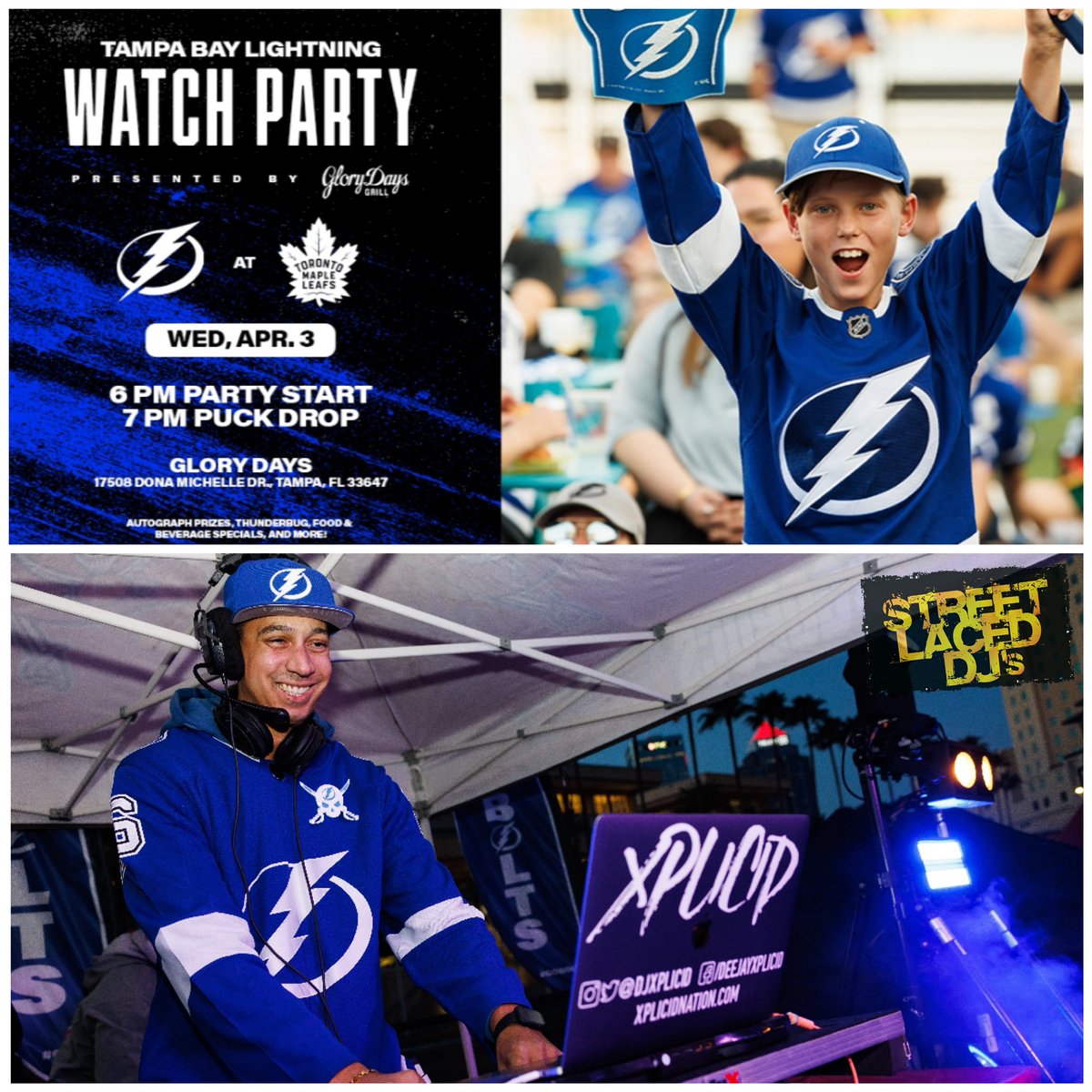 Hope to see YOU tonight, #BoltsNation! We’ll be ready to rock w/@djxplicid TONIGHT for the OFFICIAL @TBLightning Watch Party at @GloryDaysGrill in Tampa at 6p! @ThunderBugTBL, @TBLRollingTHNDR,  #BoltsBlueCrew, autographed giveaways, specials & more! Party starts at 6p! #GoBolts