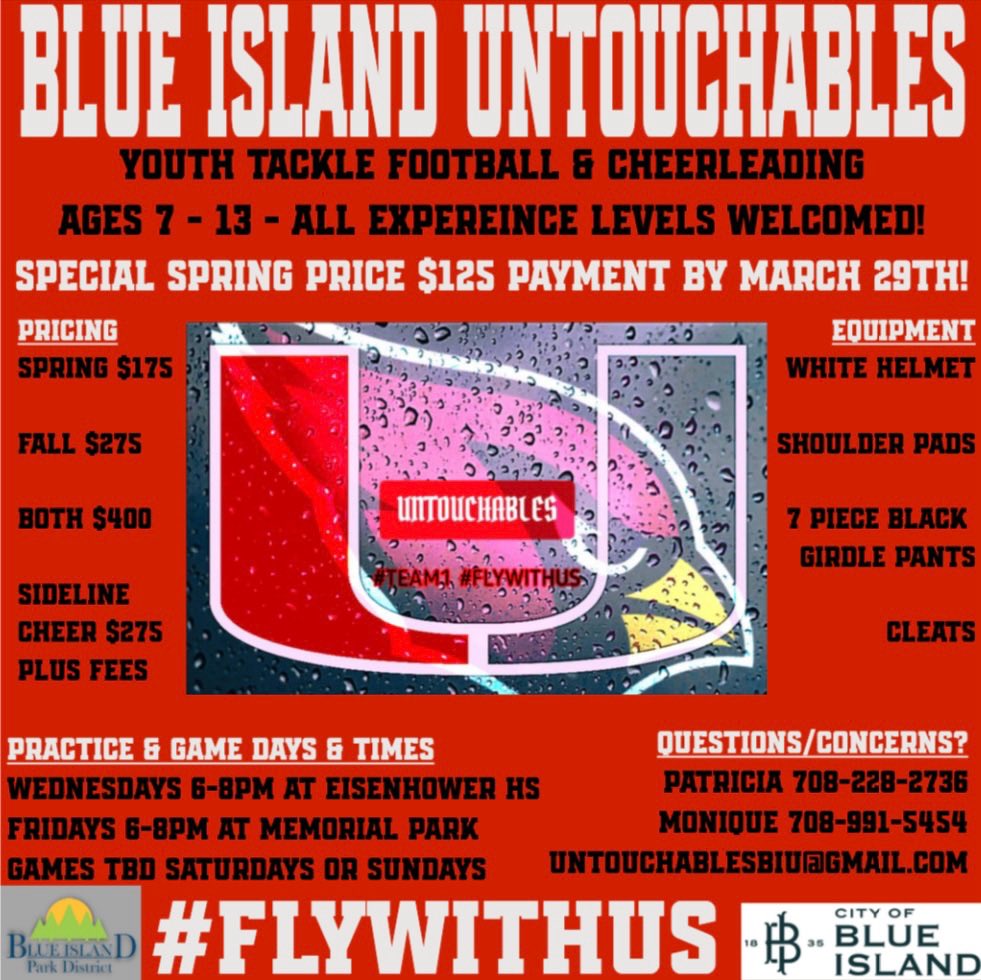BLUE ISLAND UNTOUCHABLE YOUTH SPRING FOOTBALL First Practice Wednesday, April 3rd 6-8PM at Eisenhower will be INSIDE due to the weather. Register now below! …chablesfootballandcheer.sportngin.com/register/form/… #HomeGrown #AllAboutTheU #FlyWithUs 🔴⚪️🏈🔥