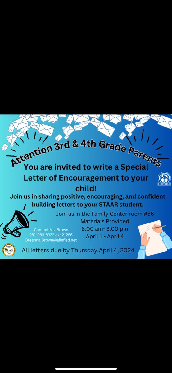 🚨Attention 3rd and 4th grade parents. We’d like to extend the invitation for you to come write your student an encouraging letter to read and boost their confidence before STAAR.  Join us in the Family Center! <a href="/hearnehusky/">Hearne Elementary</a> <a href="/Alief_Fame/">Alief FACE</a>