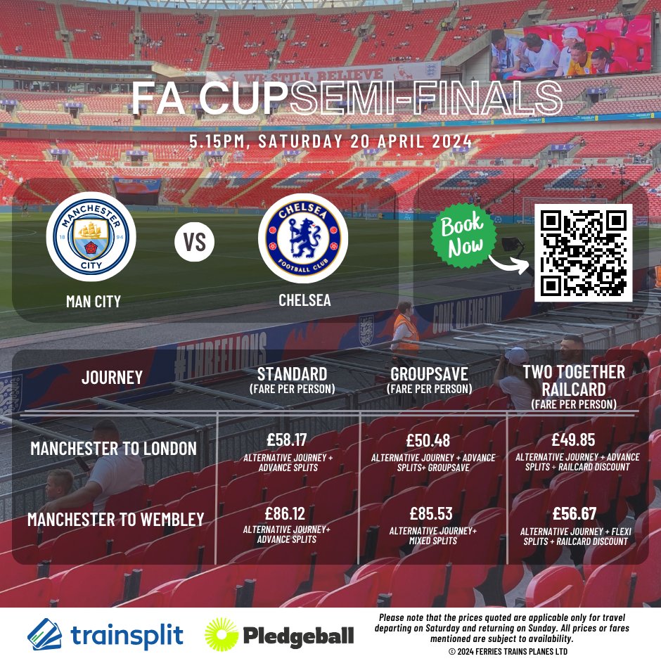 TrainSplit's tweet photo. Excited for the #FACup semi-final clash between Man City &amp; Chelsea! 🏆⚽️ Book train tickets with @TrainSplit for cheap fares &amp; eco-travel! Read more: https://t.co/PMrNv6kfw5
#Trainsplit #CheapTickets #TrainTravel #BestFares #BookNow @EmiratesFACup @ManCity @ChelseaFC @pledge_ball