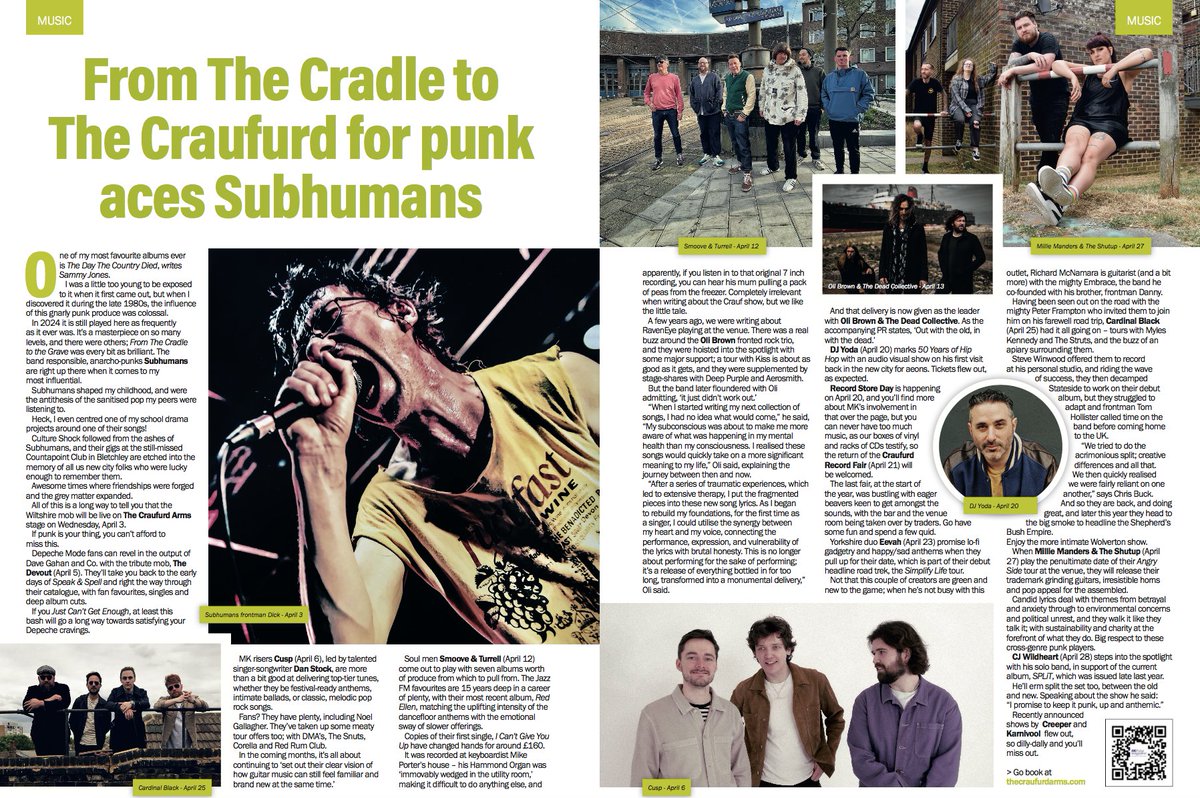 There's plenty on @craufurdarmsmk this month, with Subhumans tonight and more dates @MillieManders Cardinal Black, Smoove and Turrell, Oli Brown and more. Read more in the pages of @pulsemagazines - pick up your free copy from The Green Room at the venue.