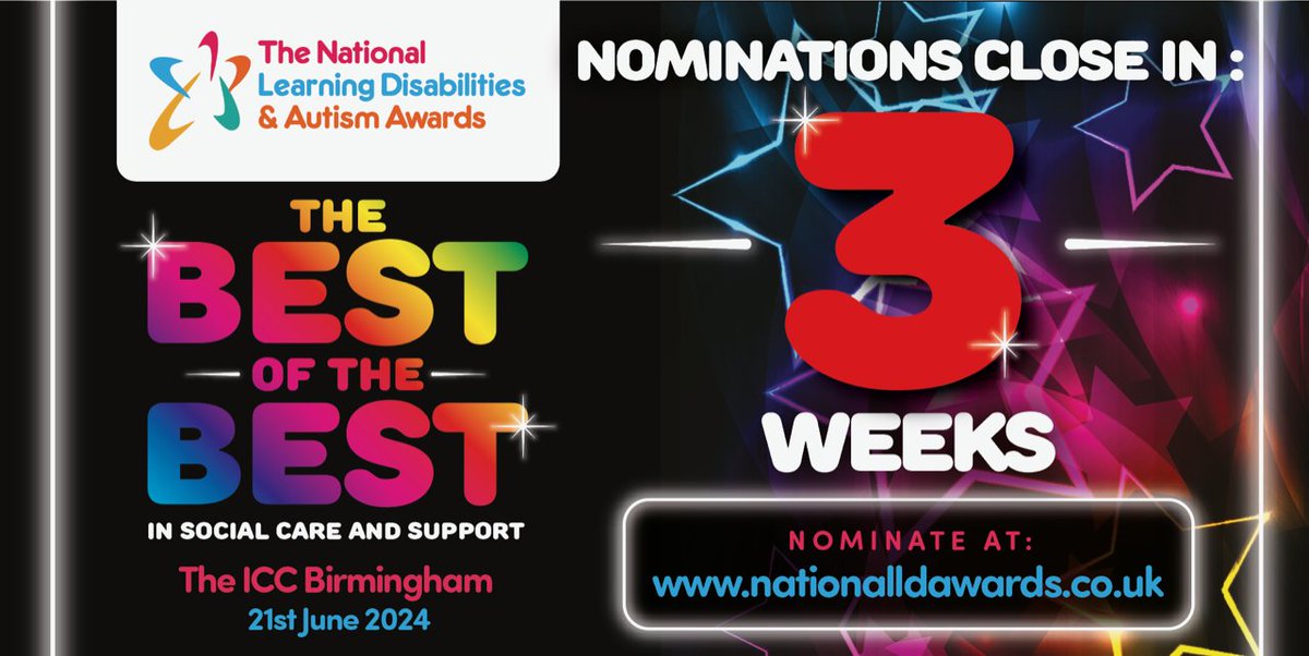 Just THREE WEEKS to go before nominations close for @LDAwards2024 Celebrating 𝐓𝐡𝐞 𝐁𝐞𝐬𝐭 𝐨𝐟 𝐓𝐡𝐞 𝐁𝐞𝐬𝐭 in #socialcare & support for people with a LD and/or autism Nominate your inspirational employers, colleagues & the people you support at: bit.ly/3ll43Yh