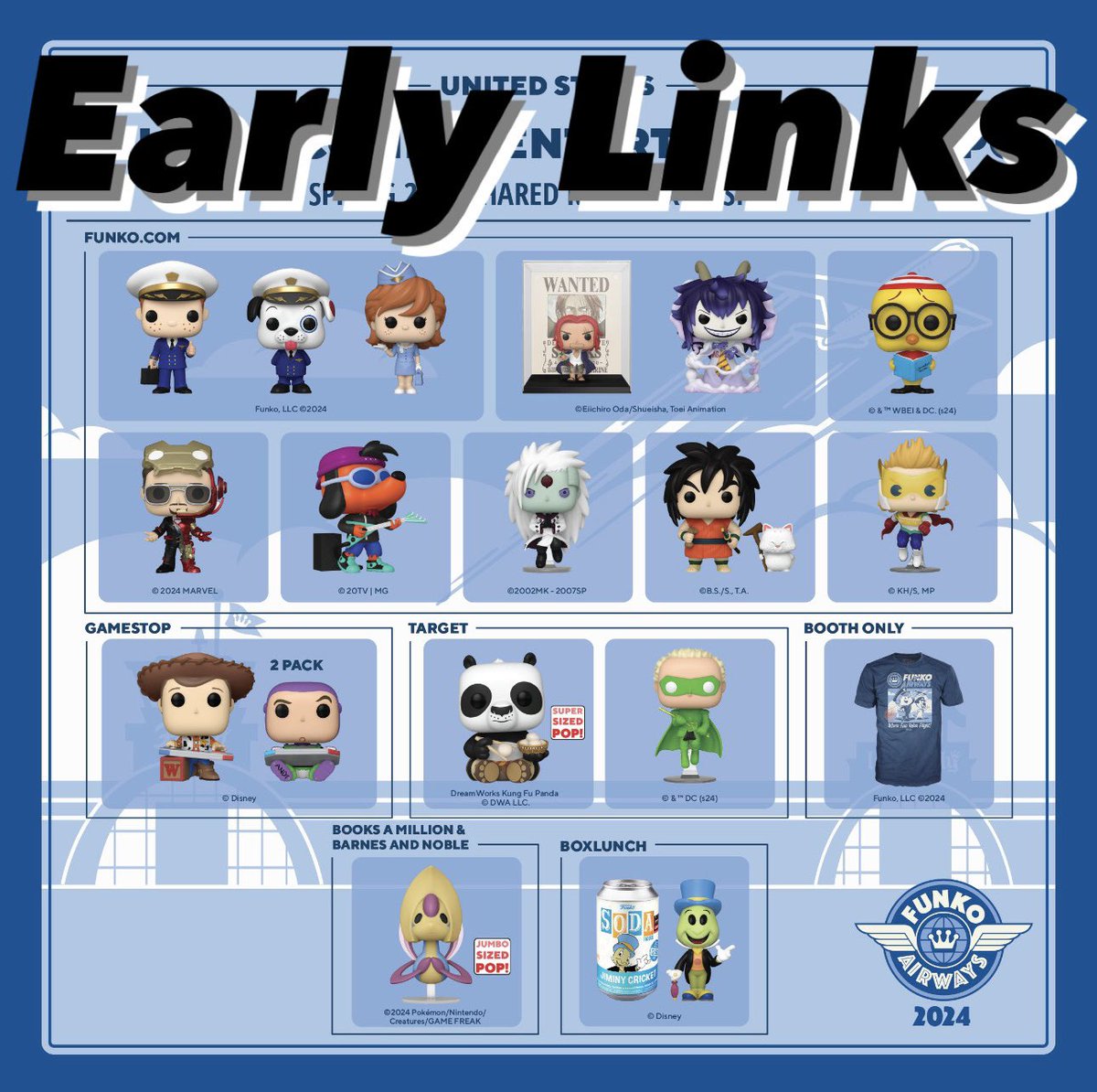DisTrackers's tweet photo. Here are your early links for the C2E2 exclusives! They are expected to drop on 4/26 at 6AM PT!
#Ad #Funko #Collectibles
.
Some links may not work until live.
BAM/BN
10” Cresselia BN -  https://t.co/uA7O8F3nMF
10” Cresselia BAM - https://t.co/7hjIspRzaW

BoxLunch
Jiminy Cricket Soda - https://t.co/bkQT91lP7p

Funko
Freddy Funko - https://t.co/tKVYWwAXzl
Proto - https://t.co/sh3rBsulVF
Franny Funko - https://t.co/D2Qwls5eIB
Shanks - https://t.co/WCcODeHUb1
Caesar - https://t.co/BRP0wNVJeD
Egghead Jr. - https://t.co/d11givpJ2F
Tony Stark - https://t.co/mkkmgivGi3
Poochie - https://t.co/r1UxyMTPLs
Madara - https://t.co/t9DDQvm0XN
Yajirobe & Karin - https://t.co/ZdLFWtQO5e
Mirio - https://t.co/Rkb9mI8AoT

GameStop
Woody & Buzz 2-pack - https://t.co/eXXzcceDSV

Target
6” Po - https://t.co/cz2Himcgb3
Green Lantern - https://t.co/tt3lYBTj0n
.
#Funko #FunkoPop #FunkoPopVinyl #Pop #PopVinyl #Collectibles #Collectible #FunkoCollector #FunkoPops #Collector #Toy #Toys #DisTrackers