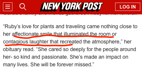 Donald Trump said he learned about murder victim Ruby Garcia's "contagious laughter and when she walked into a room, she lit up that room" from her family. The family denies speaking to him, and that language appears in her obituary as reported in Trump's beloved New York Post.