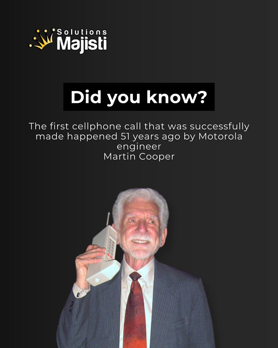 the_majester's tweet image. &quot;First Cellphone Call&quot;

💡On April 3, 1973, in Manhattan, Cooper made a call that would change the world. He called Dr. Joel Engel, a rival engineer at Bell Labs. The device used for the call was the Motorola DynaTAC prototype.
#todayintechhistory #technology #DidYouKnow