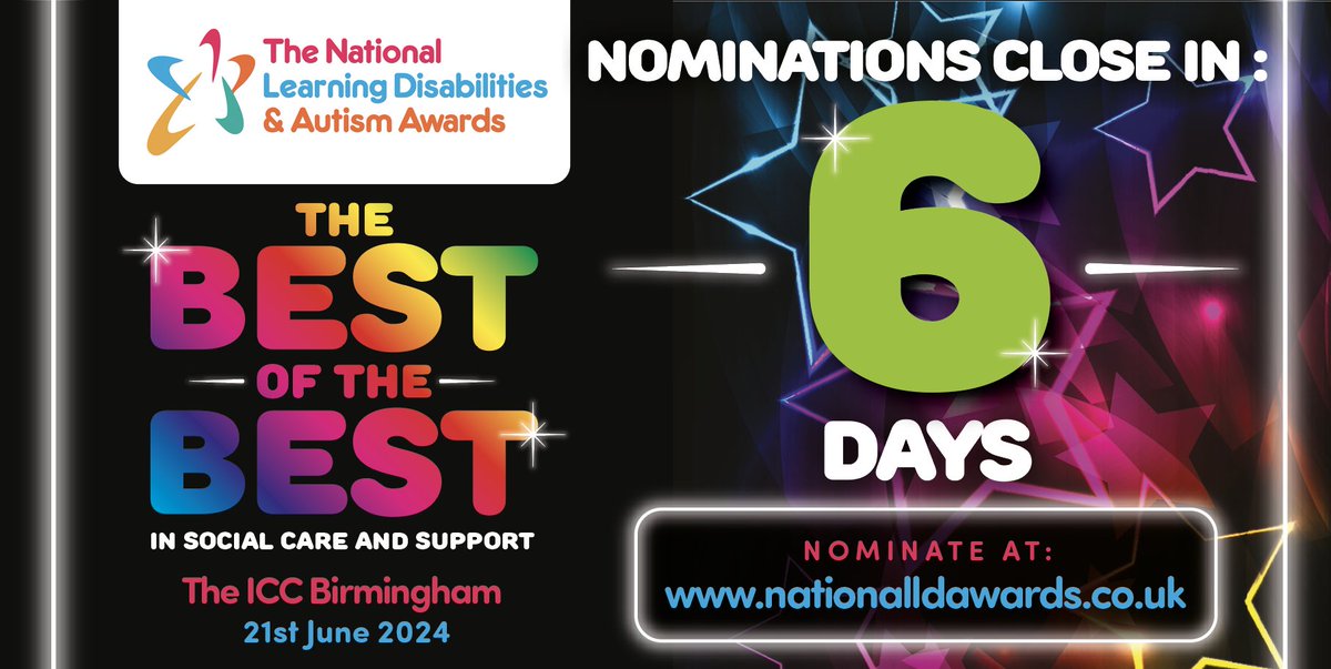 Just SIX DAYS to go before nominations close for @LDAwards2024 Celebrating 𝐓𝐡𝐞 𝐁𝐞𝐬𝐭 𝐨𝐟 𝐓𝐡𝐞 𝐁𝐞𝐬𝐭 in #socialcare & support for people with a LD and/or autism Nominate your inspirational employers, colleagues & the people you support at: bit.ly/3ll43Yh