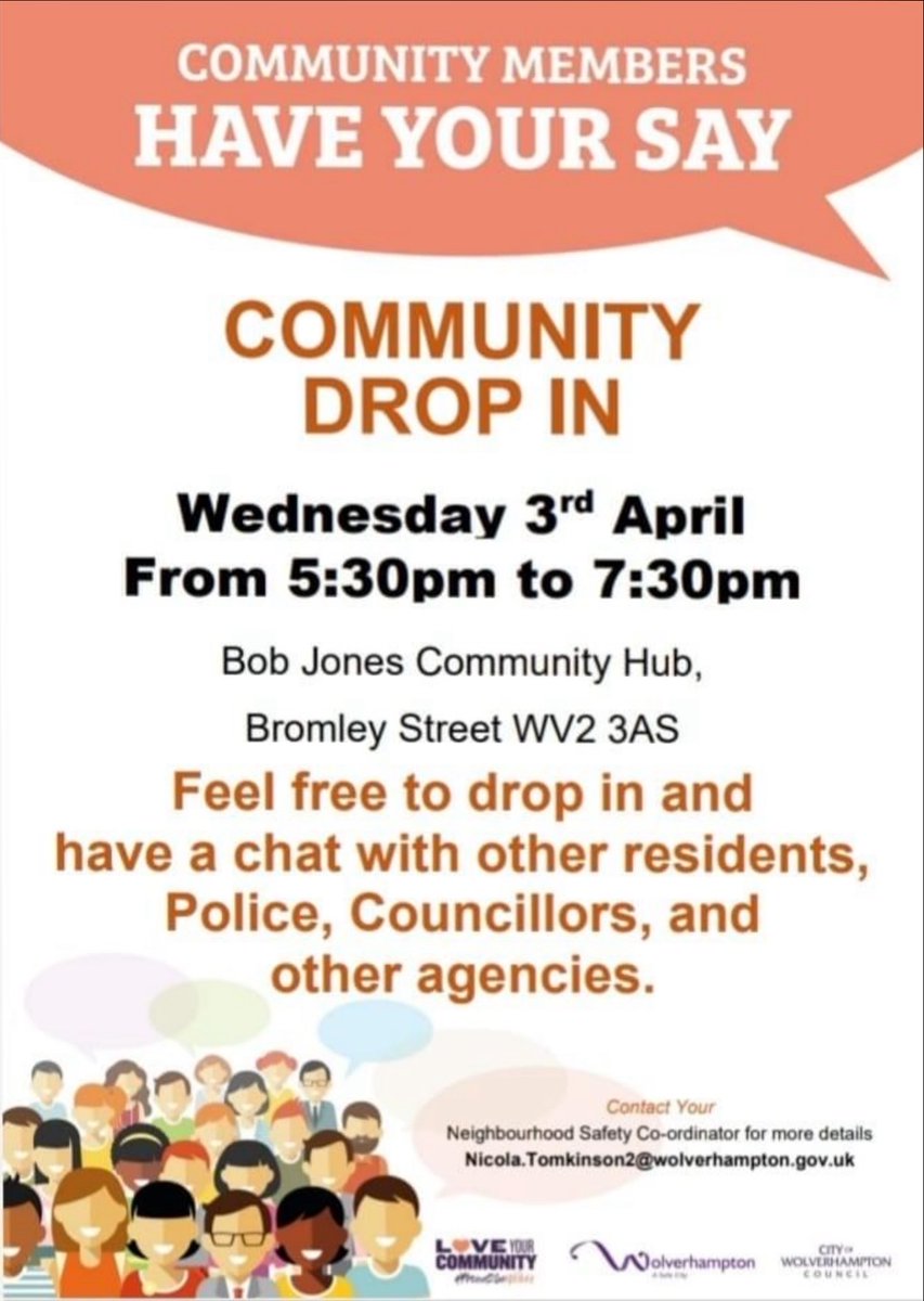 For a chance to speak to your local Neighbourhood Safety Co-ordinator and local Police Team for Blakenhall pop along to the Bob Jones Community Hub, Bromley Street, WV2 3AS tonight between 5.30pm and 7.30pm. @EttingshallWMP @WolvesCouncil