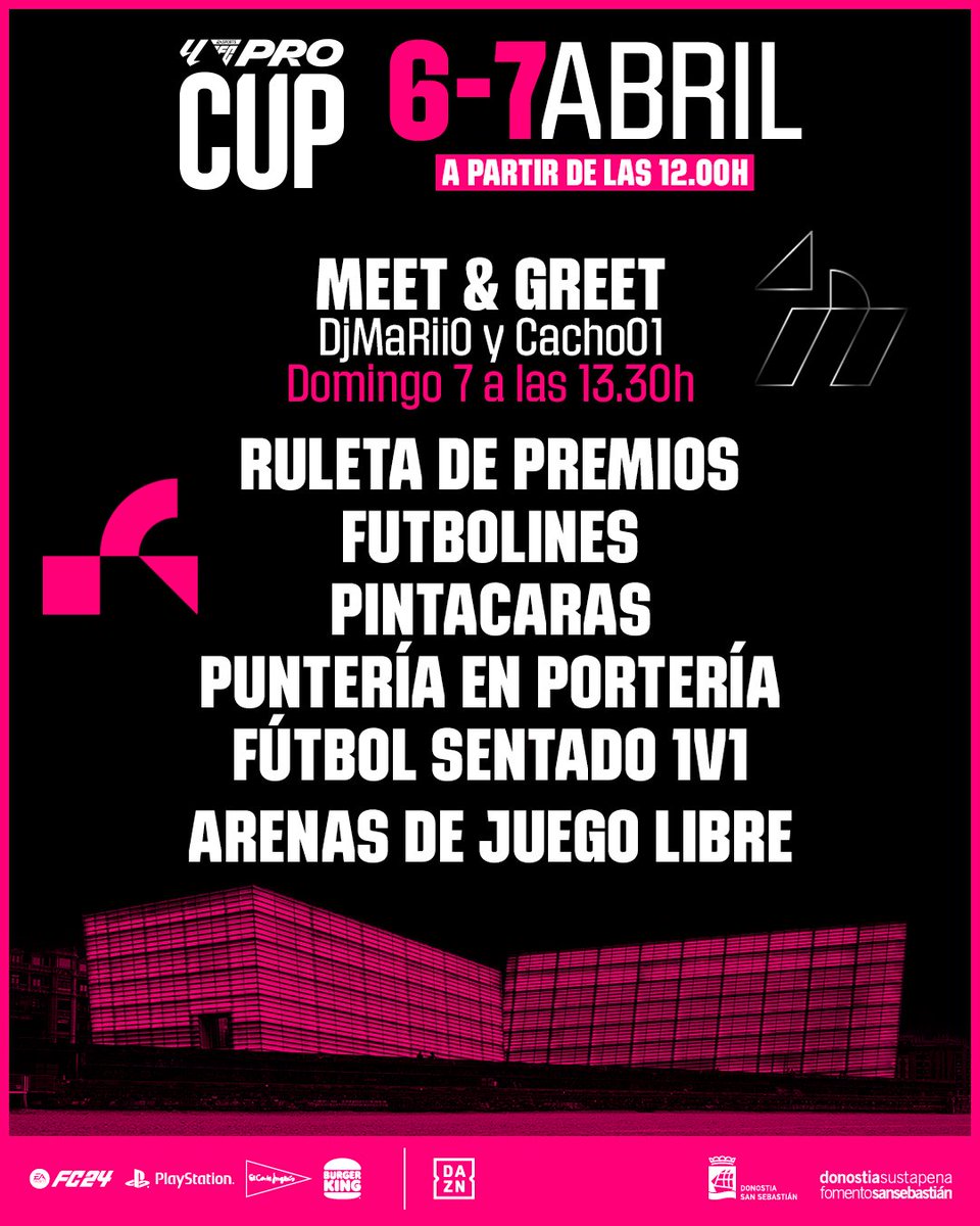 👨‍🍳 Menú variado y completo el que tendremos en #LALIGAFCPro Cup: 📍 Auditorio Kursaal, San Sebastián. 🔘 M&G de @DjMaRiiO y @cachoo01 el domingo. 🔘 Ruletas con premios. 🔘 Arenas para jugar a FC 24. ¡Y muchas cosas más que no te puedes perder durante el fin de semana! 🎉