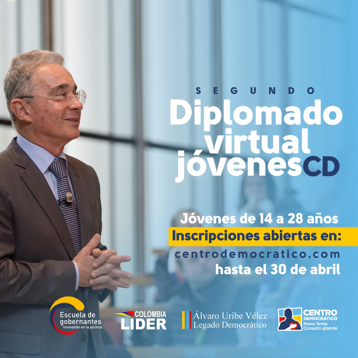 Después de nuestro exitoso primer Diplomado de Jóvenes Álvaro Uribe Vélez, Legado Democrático, llega la segunda versión. Si eres joven entre los 14 a 28 años comprometido con el futuro de Colombia, inscríbete en centrodemocratico.com hasta el 30 de abril. 👏🏼✅‼️
