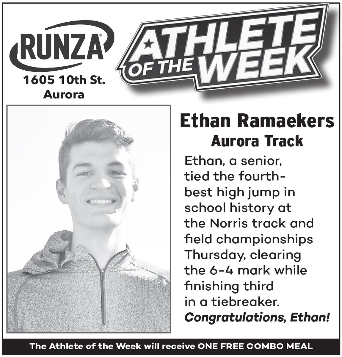 Our Runza AOTW is Aurora's Ethan Ramaekers (@EthanRamaekers) for an outstanding effort in last week's high jump, clearing 6-4 at Norris. Congrats, Ethan! #nebpreps