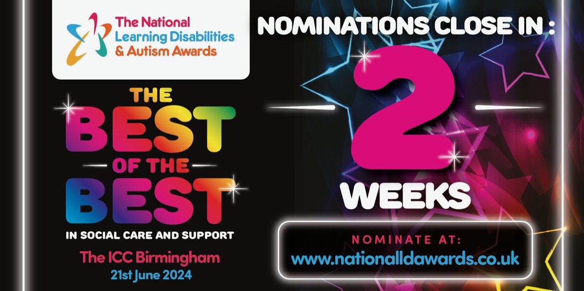 Just TWO WEEKS to go before nominations close for @LDAwards2024 Celebrating 𝐓𝐡𝐞 𝐁𝐞𝐬𝐭 𝐨𝐟 𝐓𝐡𝐞 𝐁𝐞𝐬𝐭 in #socialcare & support for people with a LD and/or autism Nominate your inspirational employers, colleagues & the people you support at: bit.ly/3ll43Yh