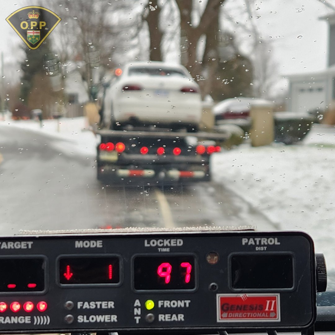 Half an hour after school dismissal, #BrantOPP caught a driver going 97km/h in a 40km/h zone. Vehicle impounded, license suspended. Let's keep our school zones safe. #SlowDown ^jb