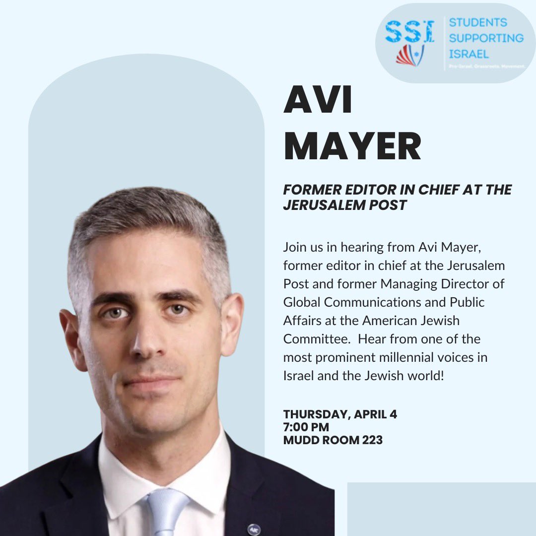 Excited to host <a href="/AviMayer/">Avi Mayer אבי מאיר</a>, the former editor in chief of the <a href="/Jerusalem_Post/">The Jerusalem Post</a> at #Columbia tomorrow night! The event is open to all CU ID holders.