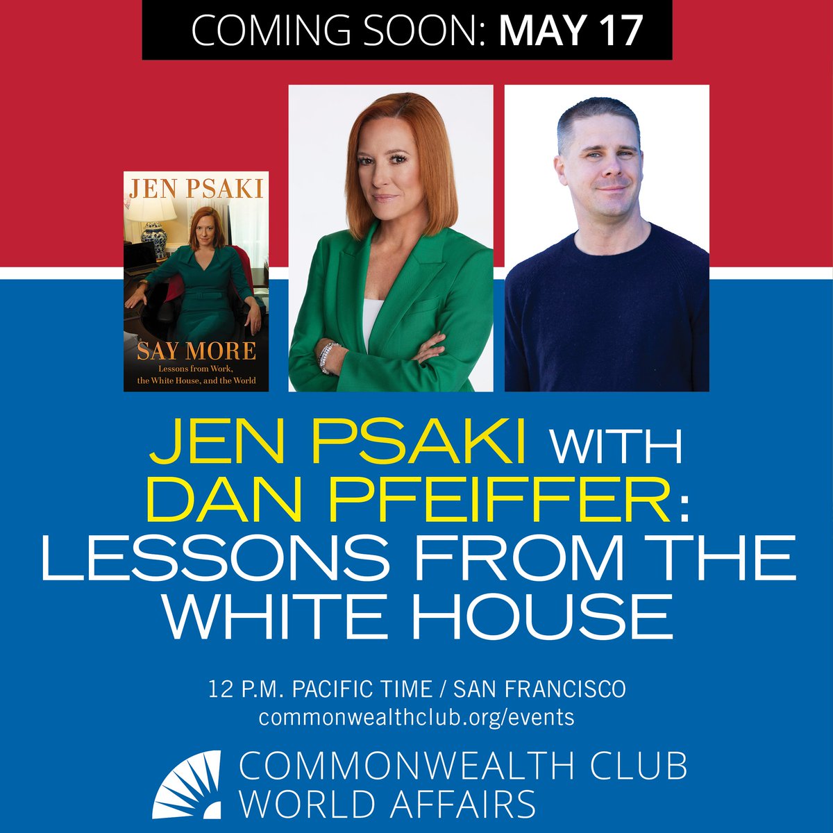 JUST ADDED! "Say More" author and @MSNBC host <a href="/jrpsaki/">Jen Psaki</a> talks with <a href="/PodSaveAmerica/">Pod Save America</a> co-host <a href="/danpfeiffer/">Dan Pfeiffer</a> May 17 right here in San Francisco.

Tickets on sale now: commonwealthclub.org/events/2024-05…