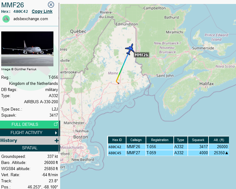 SirListenalot's tweet photo. 1230z MMU #A332's #MMF26-27 out of Bangor taking 2x four Netherlands AF #F35's #NAF322 & #NAF326 out of Burlington "across the pond". To Lajes? 🤷♂️ https://t.co/jXhoBz66S7
