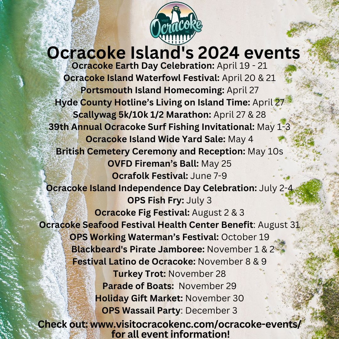 Here's our lineup of events for 2024 on Ocracoke! Mark your calendars and make your reservations 🗓️ bit.ly/3vQgIaf #visitocracokenc #visitnc #ocracoke #outerbanks #obx #nc #northcarolina #island #travel #events #spring