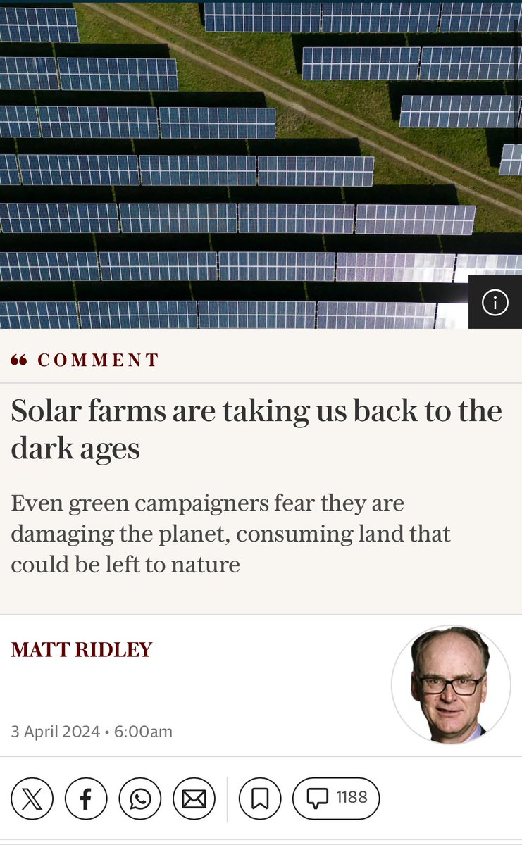 I know many of you will be shocked, but this piece by Matt Ridley in the @Telegraph on solar farms has quite a lot wrong with it Let’s start with the impact on farming. Getting to the target of 70GW will take ~0.4-0.7% of English farmland Not the ‘5-10%’ Ridley claims…