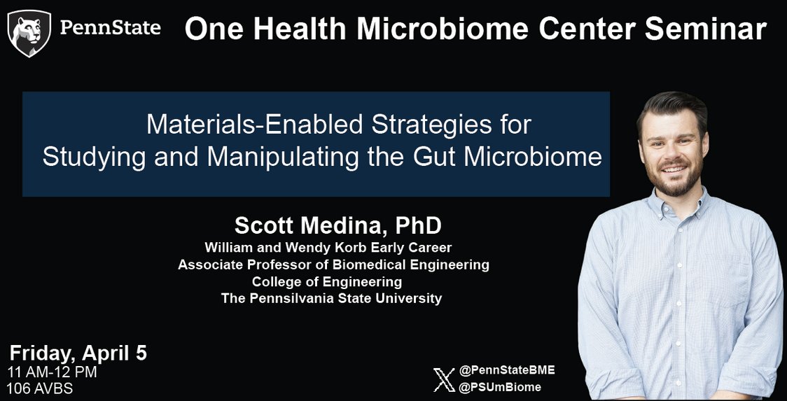 Join us this Friday at 11 AM EST to hear from our very own Dr. Scott Medina from the College of Engineering. We are thrilled to learn about strategies to study and manipulate the #gutmicrobiome using specialized materials! @PennStateBME Can't make it? DM us for the zoom link!