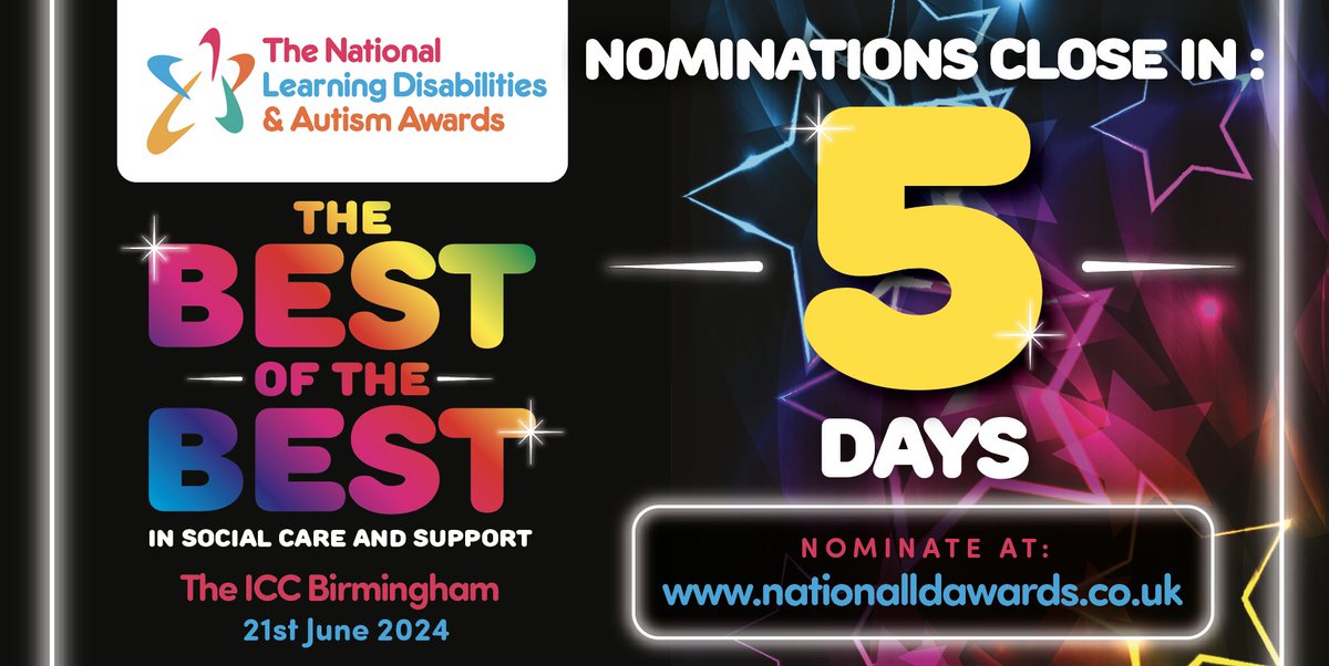 Just FIVE DAYS to go before nominations close for @LDAwards2024 Celebrating 𝐓𝐡𝐞 𝐁𝐞𝐬𝐭 𝐨𝐟 𝐓𝐡𝐞 𝐁𝐞𝐬𝐭 in #socialcare & support for people with a LD and/or autism Nominate your inspirational employers, colleagues, & the people you support at: bit.ly/3ll43Yh