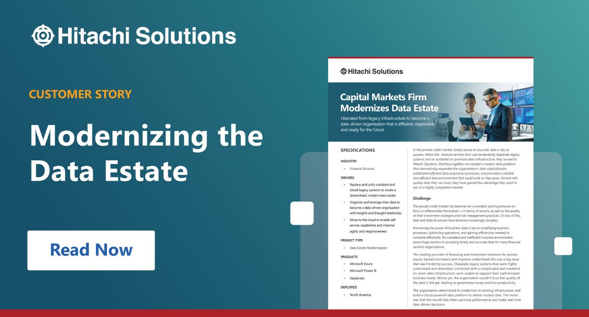 #HitachiSolutions helped this #financialservices organization modernize its existing infrastructure and build a cloud-powered data platform to deliver trusted #data. Read the customer story: ow.ly/M8TQ50R7v5f