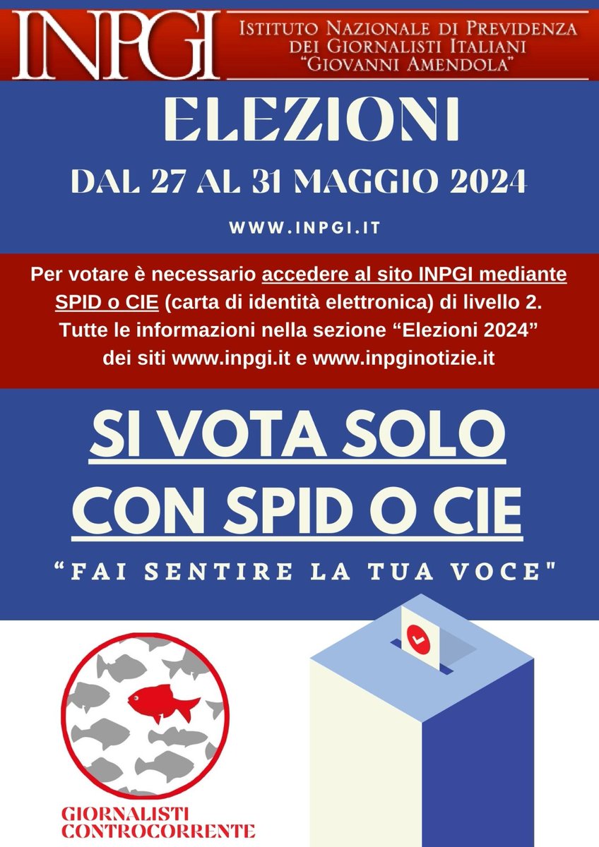 Assostampa's tweet photo. Dal 27 al 31 maggio si  vota per eleggere i consiglieri generali dell'Assemblea nazionale Inpgi, l'istituto di previdenza giornalisti. La Sicilia avrà 3 rappresentanti. 
Sarà possibile votare esclusivamente online con  Spid o  Carta di identità elettronica (Cie) https://t.co/BUVraRTwEk