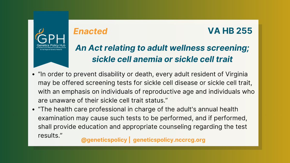 On March 28, 2024, #VA Governor <a href="/GlennYoungkin/">Glenn Youngkin</a> signed a bill which provides that every adult resident of the state may be offered screening tests for #SickleCell disease or sickle cell trait. Learn more at: bit.ly/3JalqGx