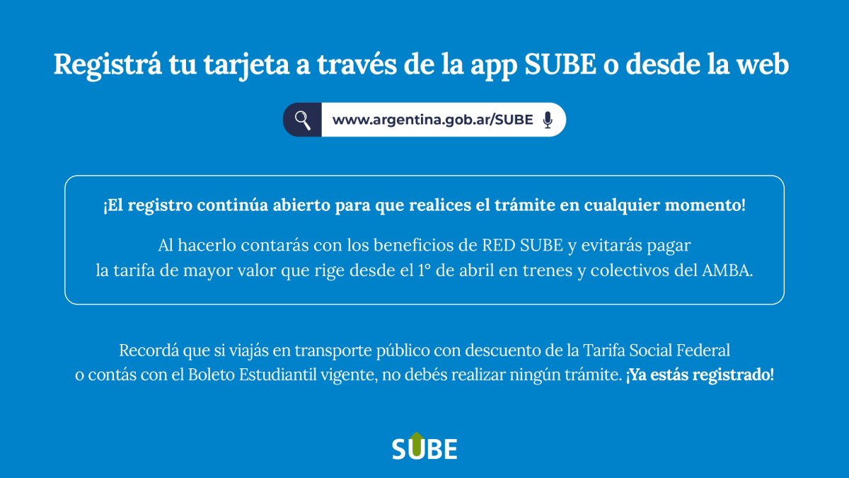 TarjetaSUBEok's tweet photo. Registrá tu tarjeta para contar con el beneficio de RED SUBE y evitar la tarifa de mayor valor:

🌐https://t.co/4HcBjxMTEJ
📱https://t.co/k8gxr1hoAV (Android 6 o superior con tecnología NFC)

Para finalizar el trámite apoyá tu tarjeta en una Terminal Automática o en la app SUBE💳 https://t.co/GkUiWn0GQs