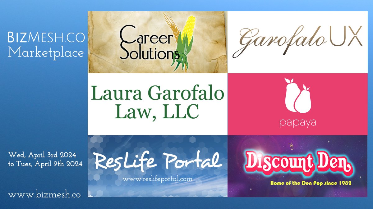 bizmesh's tweet photo. Weekly Marketplace! Check out Career Solutions Co, Garofalo UX, Laura Garofalo Law, Papaya, ResLife Portal, & Discount Den.
https://t.co/8H9mdpg7EL #entreprenuer #entreprenuership #smallbiz #smallbusiness #BizMesh #MeshTogether #supportsmallbusinesses https://t.co/vLKqPq22iJ