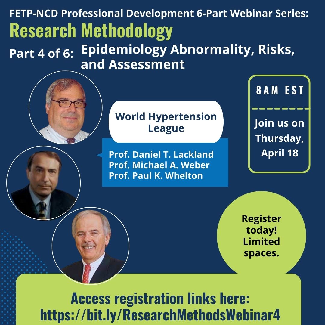 Join us for part 4 of our 6-part Research Methodology webinars, 'Epidemiology Abnormality, Risks, and Assessment' bit.ly/ResearchMethod… #TEPHINET #taskforce #epidemiology #webinar #CDCgov #NCDwebinars