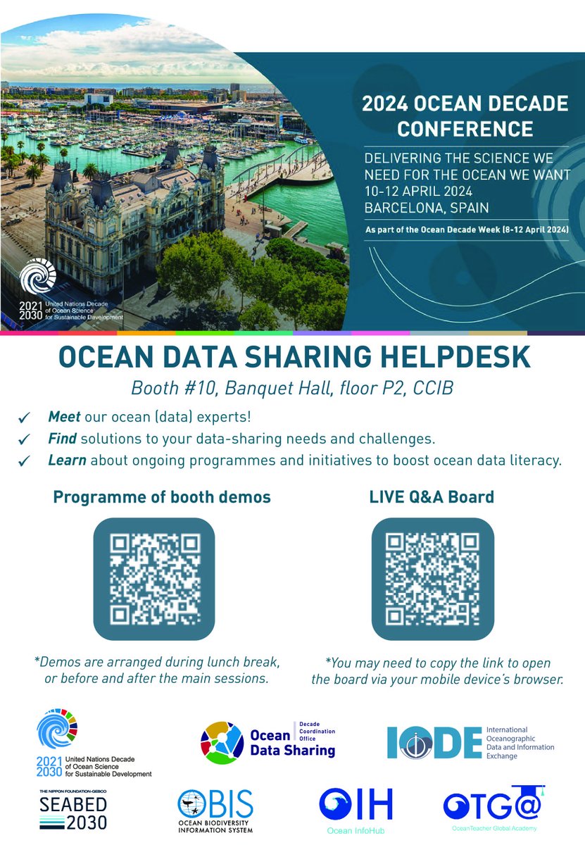OBIS will organise 3 info sessions during lunch break at #OceanDecade24 booth Nr 10. Come and find out more on how we support biodiversity observations, data processing and decision making related to marine invasive species and current and future marine protected areas.