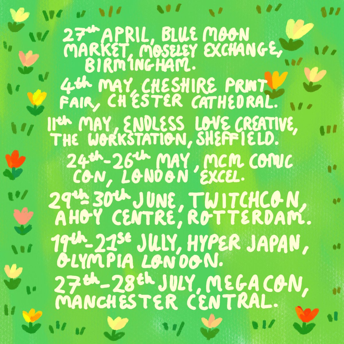 🌞uh oh I am going on tour once again!!🌞 Here’s the official list of markets and conventions you can find me at this Spring/Summer. 👀🧺 #mcmcomiccon #twitchcon #hyperjapan #megacon #elcsheff #bluemoonmarkets #cheshireprintfair
