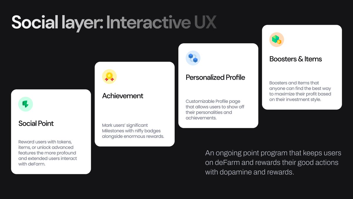 JannikWebeer's tweet photo. 1. SocialFi: Where people meet up and interact with each other while earning as they are contributing to the whole.

Point Program, Interactive UX. The more time and effort users spend using deFarm, the more rewards and fun they will receive. Big Airdrop ofc.