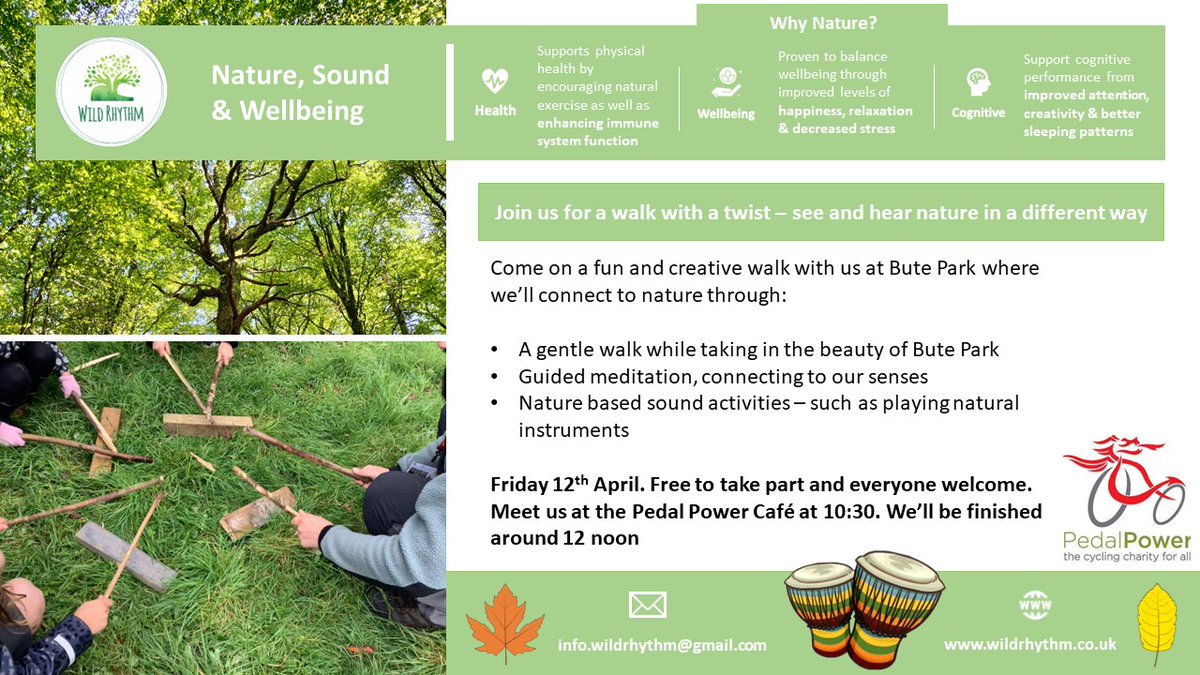 Free workshop by Wild Rhythm exploring nature, sound and wellbeing. Friday 12 April, 10.30am-12 noon. Drop-in and all welcome. Starting and finishing at Pedal Power cafe. #cardiff #butepark cardiffpedalpower.org wildrhytm.co.uk