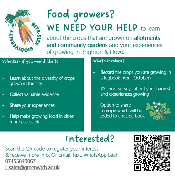 🥕We are launching a brand new #UrbanFood #CitizenScience project in #BrightonandHove!
🍓Bitesize Biodiversity needs grower's help to understand more about crop diversity+the experiences of growers in the city
🥦Want to learn more? Email/txt <a href="/leah_salm/">Leah Salm</a> to register your interest