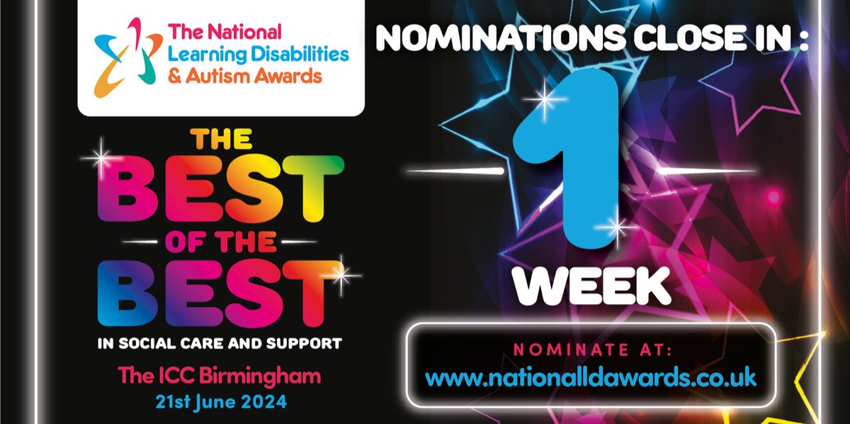 Just ONE WEEK to go before nominations close for @LDAwards2024 Celebrating 𝐓𝐡𝐞 𝐁𝐞𝐬𝐭 𝐨𝐟 𝐓𝐡𝐞 𝐁𝐞𝐬𝐭 in #socialcare & support for people with a LD and/or autism Nominate your inspirational employers, colleagues & the people you support at: bit.ly/3ll43Yh