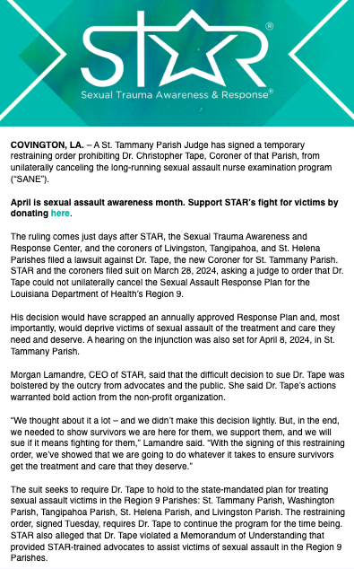 INBOX: A judge has blocked the St. Tammany Parish corner from canceling the sexual assault nurse examination program for the entire health region, per @staradvocates