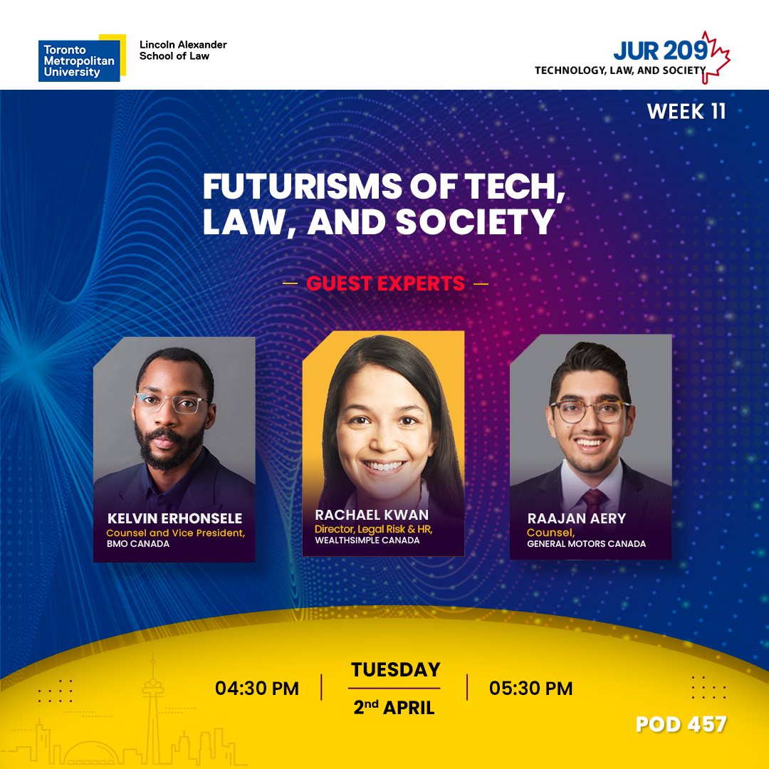 Tis #Week11 in my Tech Law class at @LincAlexLawTMU and we are prognosticating the praxis of tech law. My students had to read @richardsusskind’s book “Tomorrow’s Lawyers” & I invited 3 guests to discuss futurisms of tech law practice in Canada from various practice perspectives