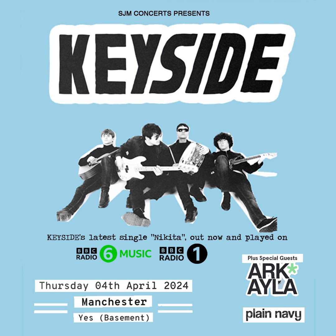 Can’t wait to see @keysideliv play Manchester @yes_mcr with special guests @Arkaylaband @plain_navy @CityLifeManc @XSManchester @shellzenner @ManchesterGigss @mancgigs @JohnKennedy @johnrobb77 @ConradMurray @LukeTempleMusic seetickets.com/event/keyside/…