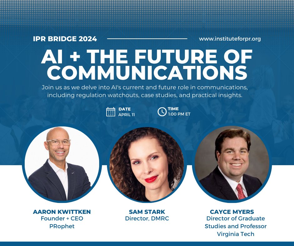 AI's disrupting PR and marketing faster than a viral video. 🚀 If you’re in DC next Thursday and into a deep dive on this, join me at the @InstituteForPR Bridge Conference for my panel with @AKwittken from @prophet_pr and @virginia_tech’s @CayceMyers. More here:…