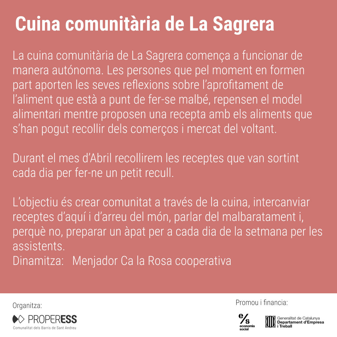 😋 A l'abril, receptes mil!

🧑🏽‍🍳 Des de la posada en marxa de la #cuinacomunitària de #LaSagrera, les persones que formen part han cuinat i han reflexionat sobre l'aprofitament alimentari.

📒 Ara, faran el seu receptari: us apunteu?

30 d'abril, a les 19 h a @coop_calarosa!